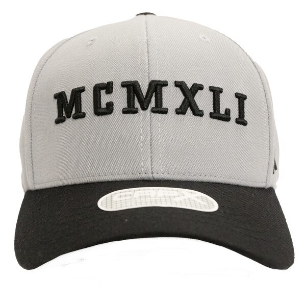Structured adjustable grey vintage hat from the side with black accents with roman numerals reading “MCMXLI” on the front for 1941